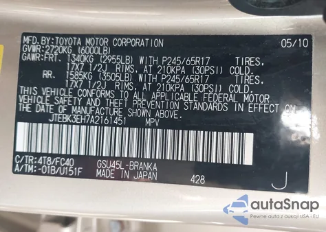 2010 Toyota Highlander Base V6 z USA, uszkodzony, nr VIN JTEBK3EH7A2161451